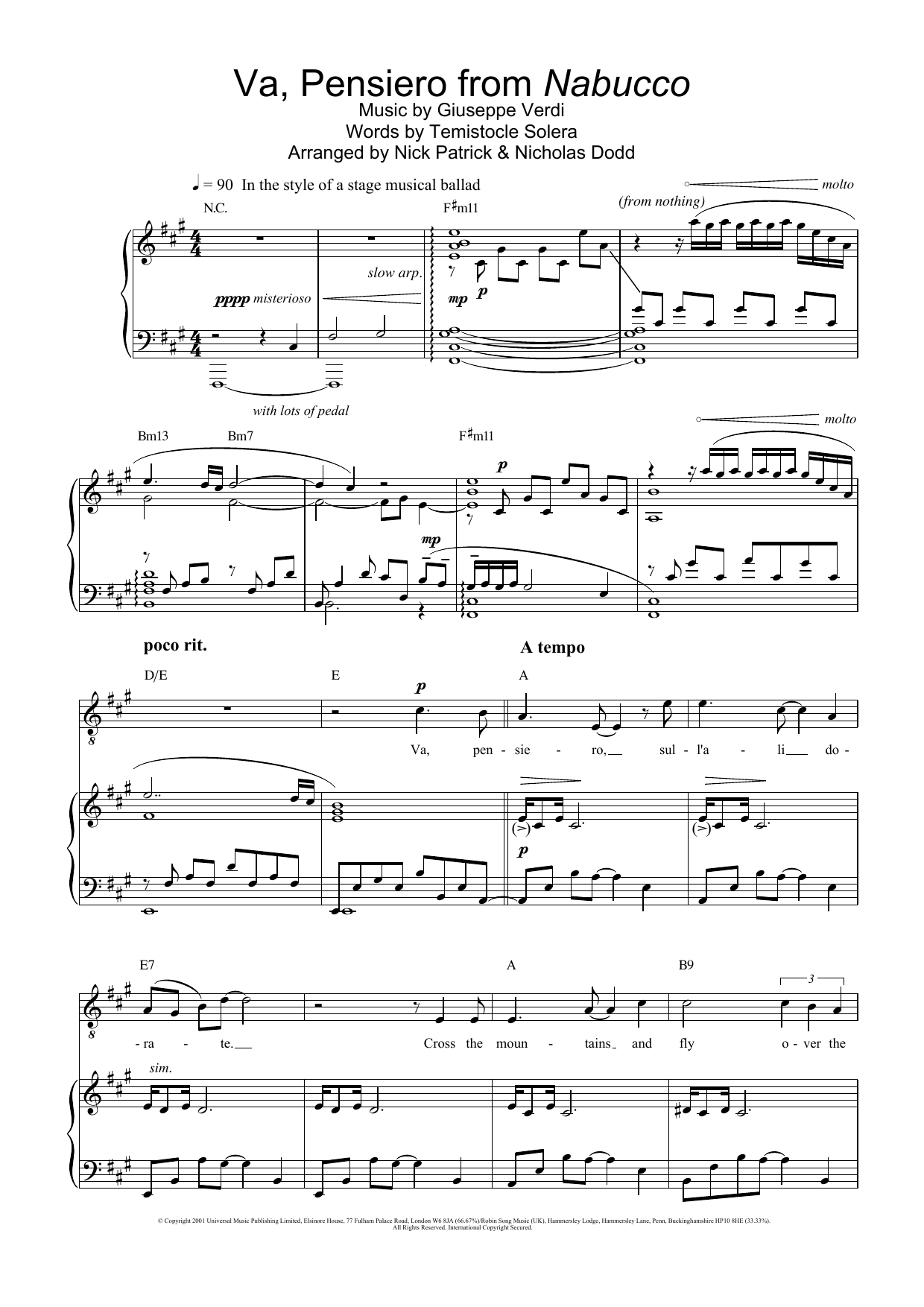 Russell Watson Va, Pensiero (Chorus Of The Hebrew Slaves) (from Nabucco) Sheet Music Notes & Chords for Piano, Vocal & Guitar - Download or Print PDF