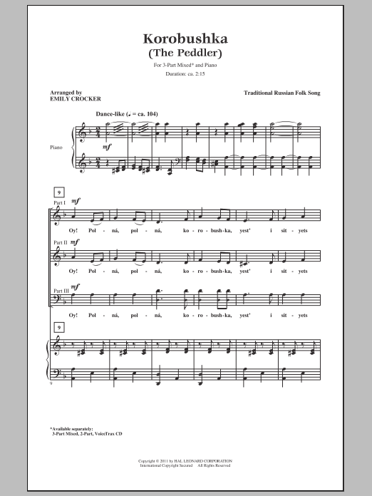 Russian Folk Song Korobushka (arr. Emily Crocker) Sheet Music Notes & Chords for 3-Part Mixed - Download or Print PDF
