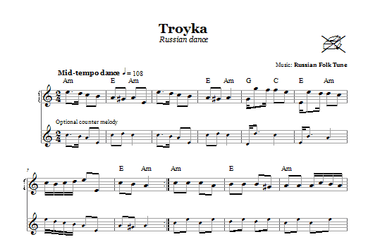 Russian Folk Tune Troyka (Russian Dance) Sheet Music Notes & Chords for Melody Line, Lyrics & Chords - Download or Print PDF