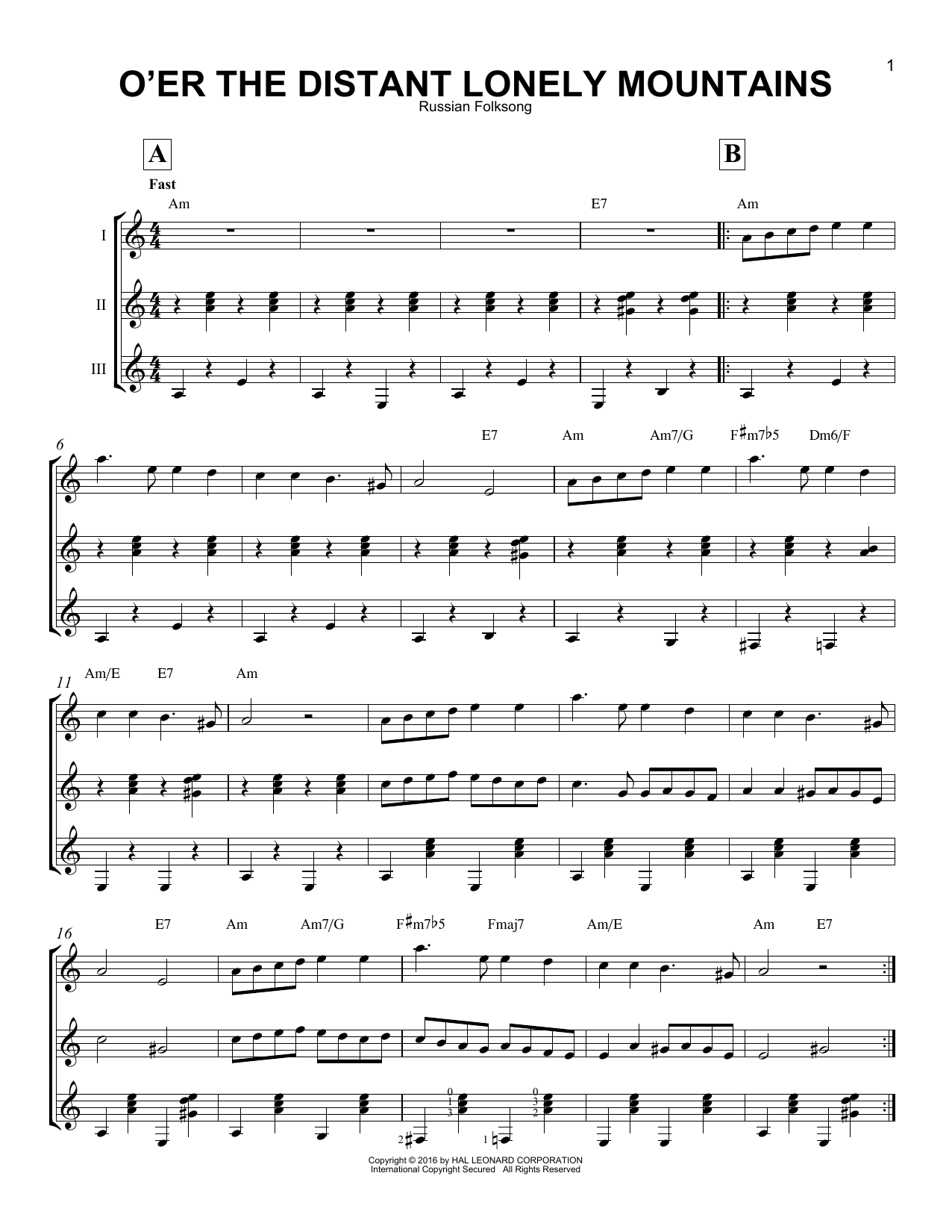 Russian Folksong O'er The Distant Lonely Mountains Sheet Music Notes & Chords for Guitar Ensemble - Download or Print PDF