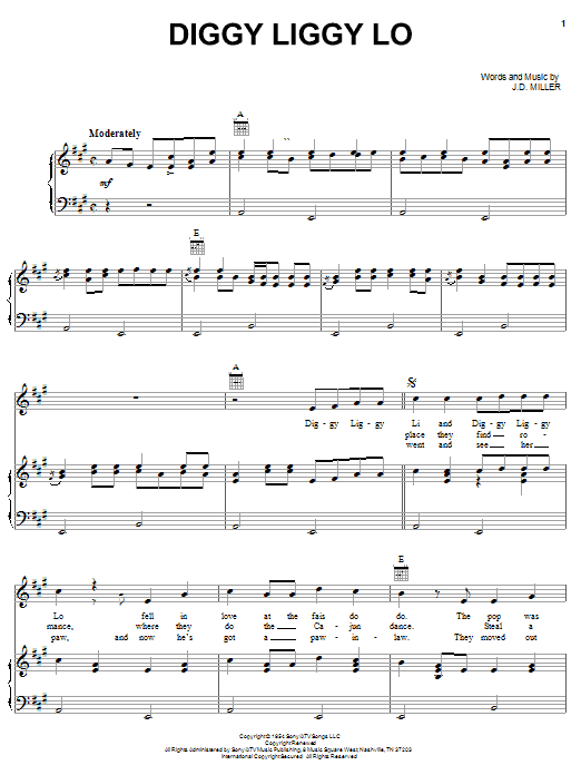 Rusty & Doug Kershaw Diggy Liggy Lo Sheet Music Notes & Chords for Piano, Vocal & Guitar (Right-Hand Melody) - Download or Print PDF