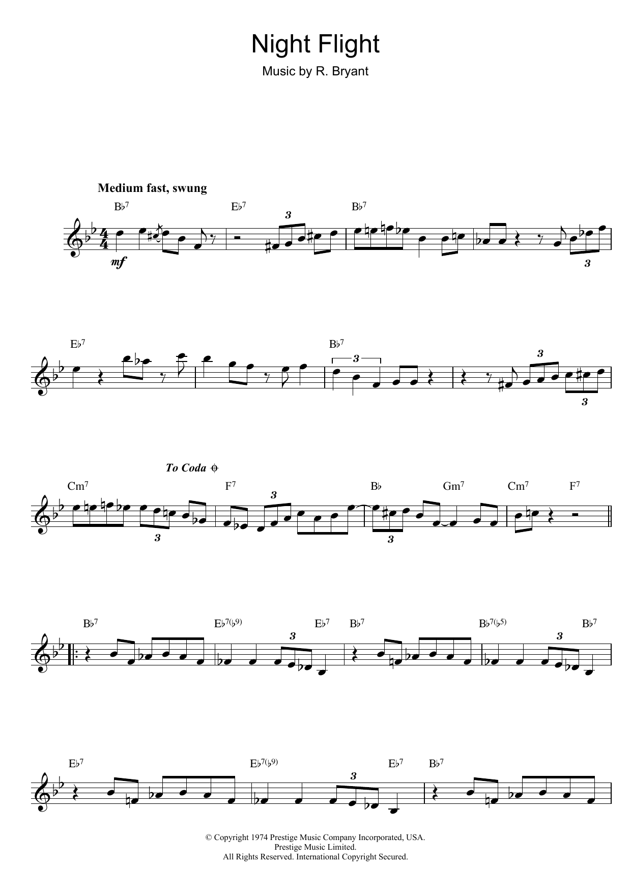 Rusty Bryant Night Flight Sheet Music Notes & Chords for Melody Line, Lyrics & Chords - Download or Print PDF