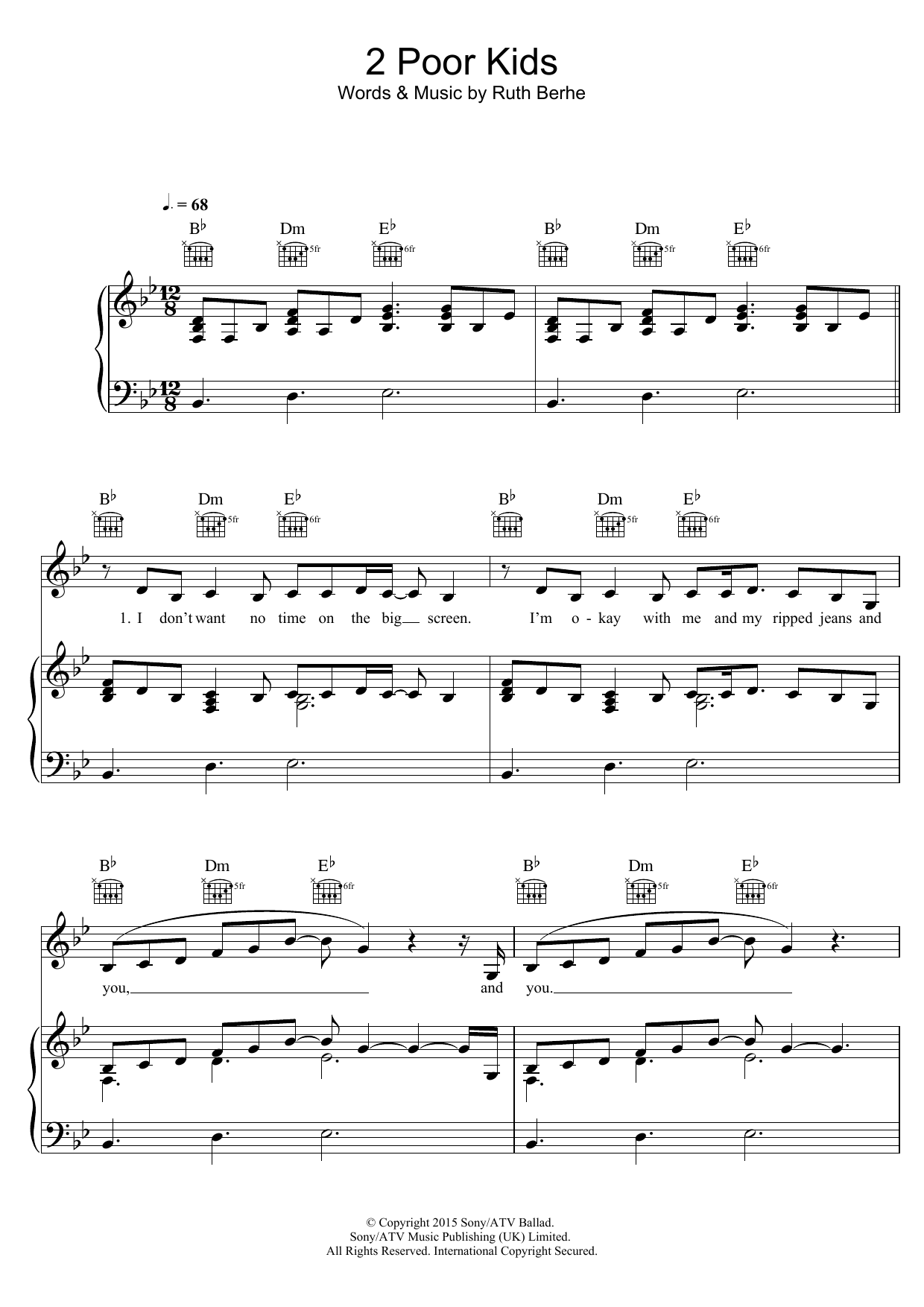 Ruth B 2 Poor Kids Sheet Music Notes & Chords for Piano, Vocal & Guitar (Right-Hand Melody) - Download or Print PDF