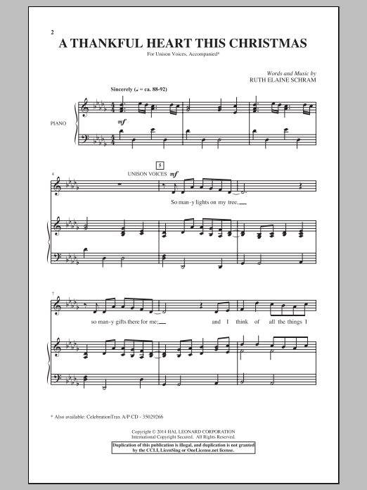 Ruth Elaine Schram A Thankful Heart This Christmas Sheet Music Notes & Chords for Unison Choral - Download or Print PDF