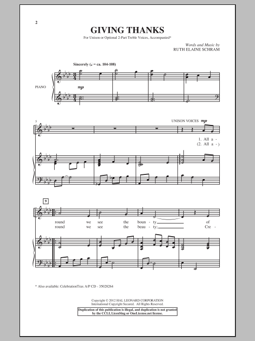 Ruth Elaine Schram Giving Thanks Sheet Music Notes & Chords for Unison Choral - Download or Print PDF