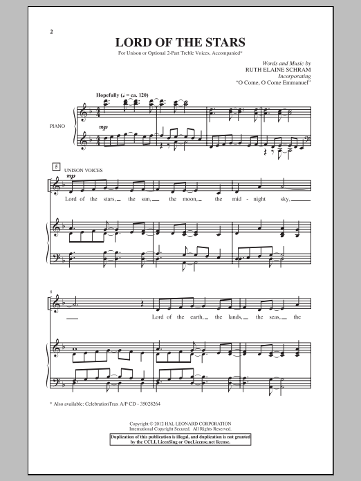 Ruth Elaine Schram Lord Of The Stars Sheet Music Notes & Chords for Unison Choral - Download or Print PDF