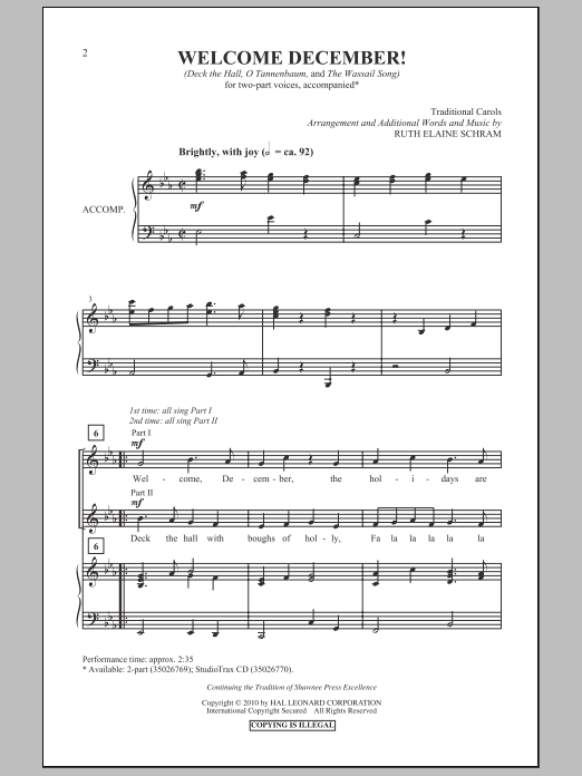 Ruth Elaine Schram Welcome, December! Sheet Music Notes & Chords for 2-Part Choir - Download or Print PDF
