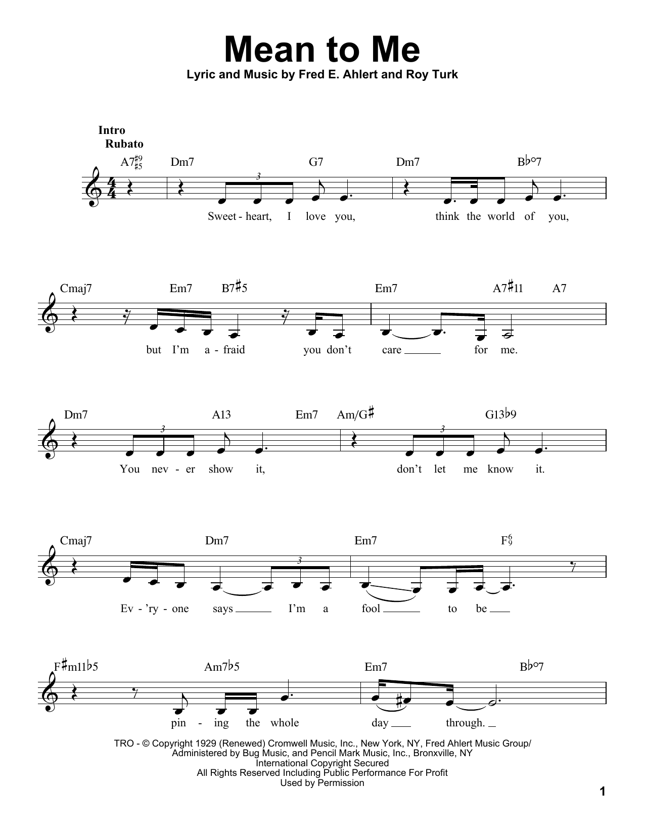 Roy Turk Mean To Me Sheet Music Notes & Chords for Lead Sheet / Fake Book - Download or Print PDF