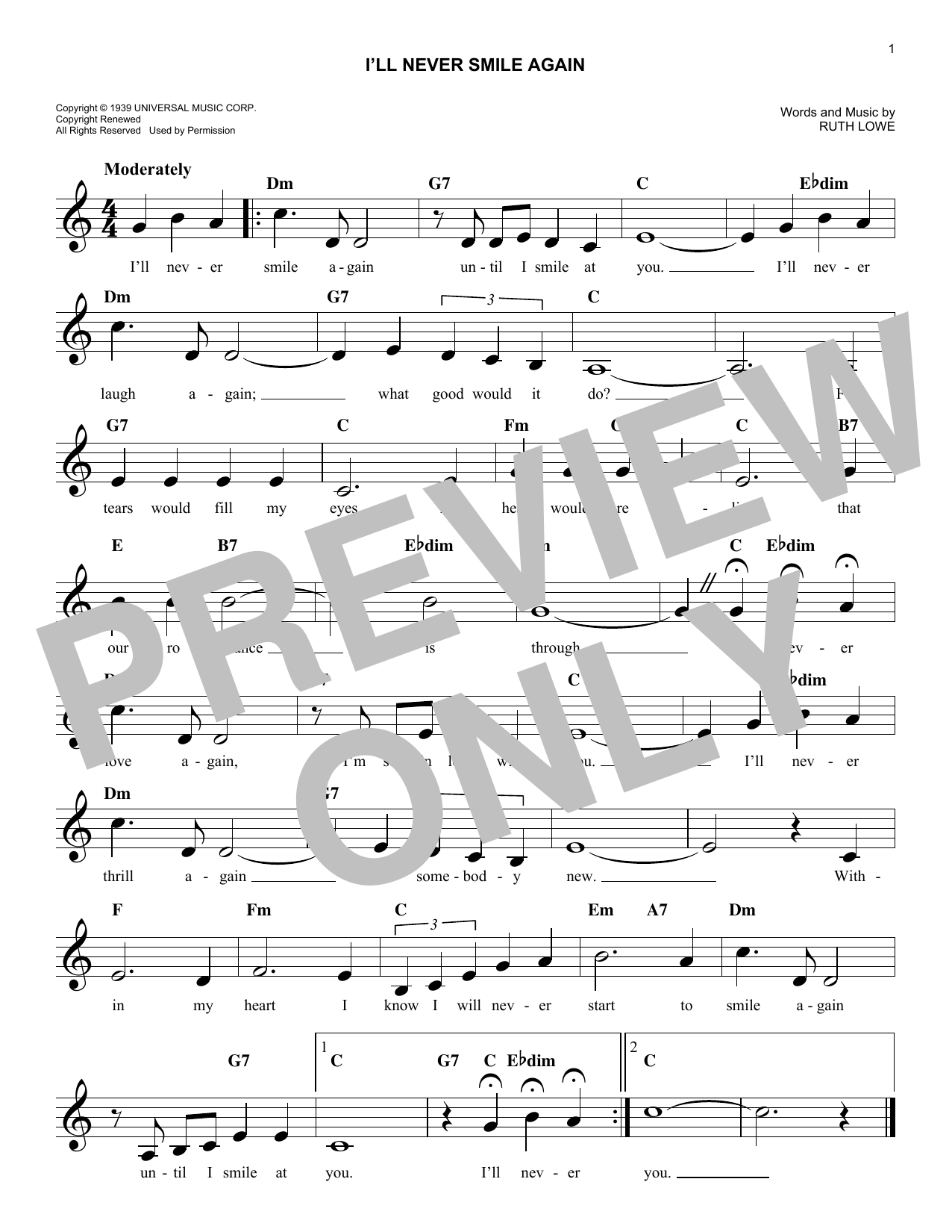 Ruth Lowe I'll Never Smile Again Sheet Music Notes & Chords for Melody Line, Lyrics & Chords - Download or Print PDF