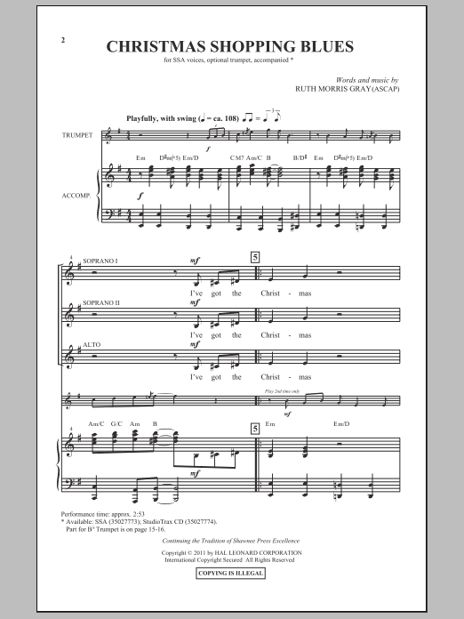 Ruth Morris Gray Christmas Shopping Blues Sheet Music Notes & Chords for SSA - Download or Print PDF