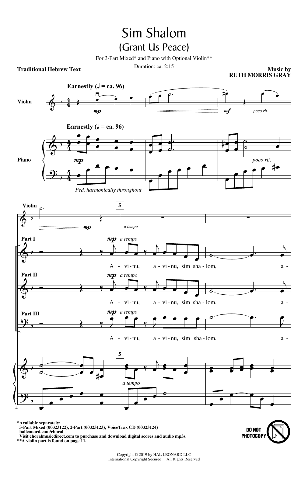 Ruth Morris Gray Sim Shalom (Grant Us Peace) Sheet Music Notes & Chords for 3-Part Mixed Choir - Download or Print PDF