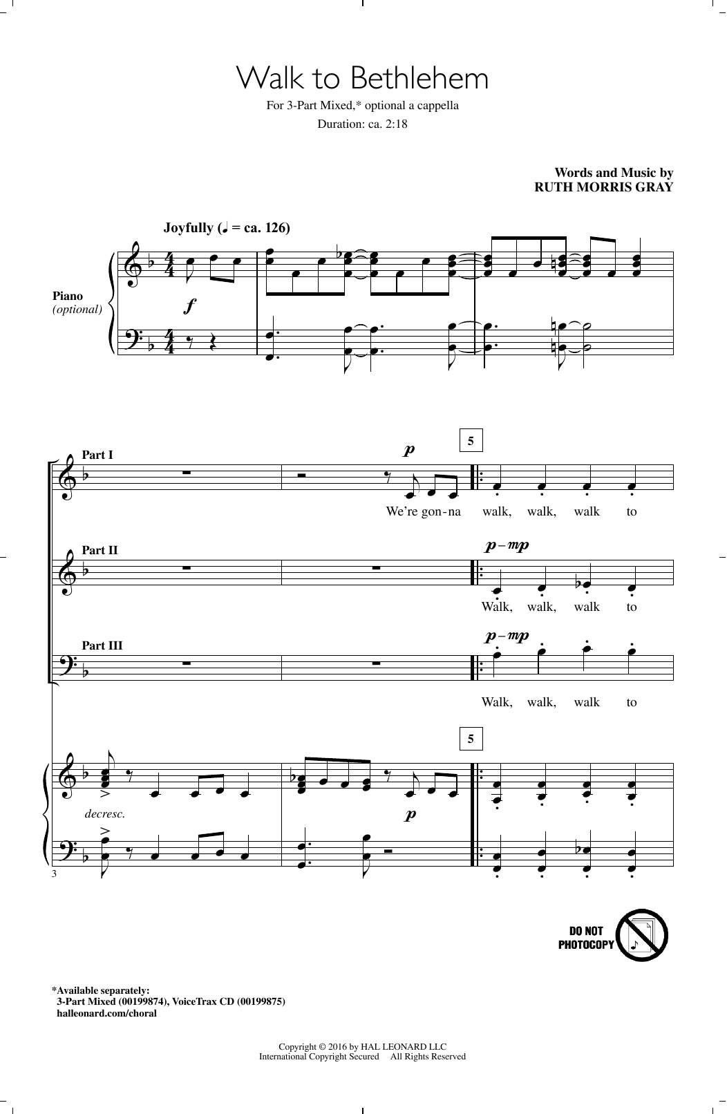 Ruth Morris Gray Walk To Bethlehem Sheet Music Notes & Chords for 3-Part Mixed - Download or Print PDF