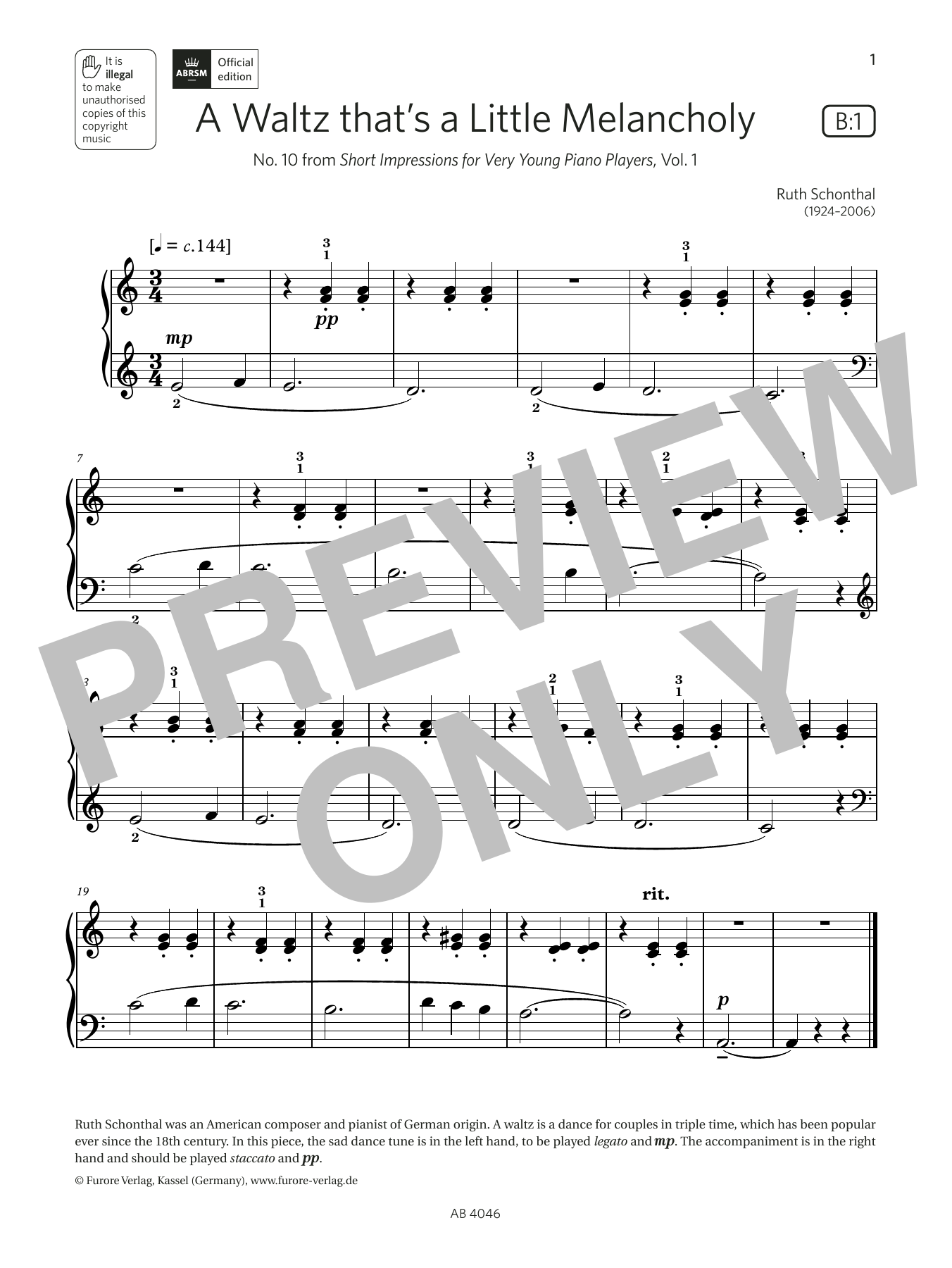 Ruth Schonthal A Waltz thats a Little Melancholy (Grade Initial, list B1, from ABRSM Piano Syllabus 2023 & 2024) Sheet Music Notes & Chords for Piano Solo - Download or Print PDF