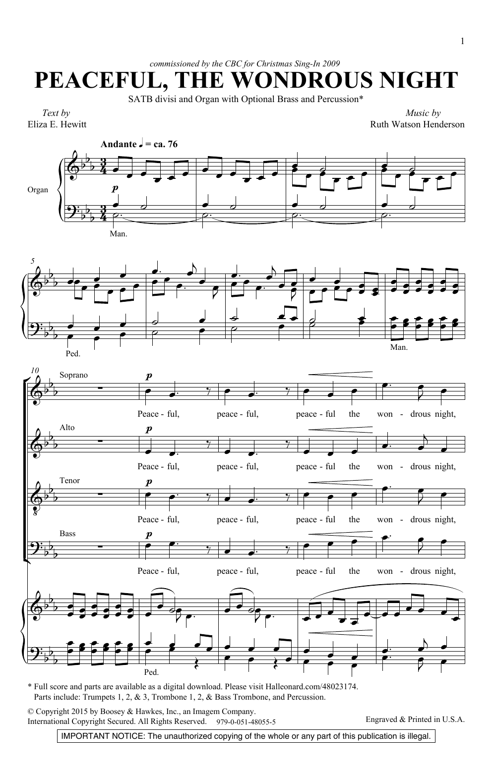 Ruth Watson Henderson Peaceful The Wondrous Night Sheet Music Notes & Chords for SATB Choir - Download or Print PDF