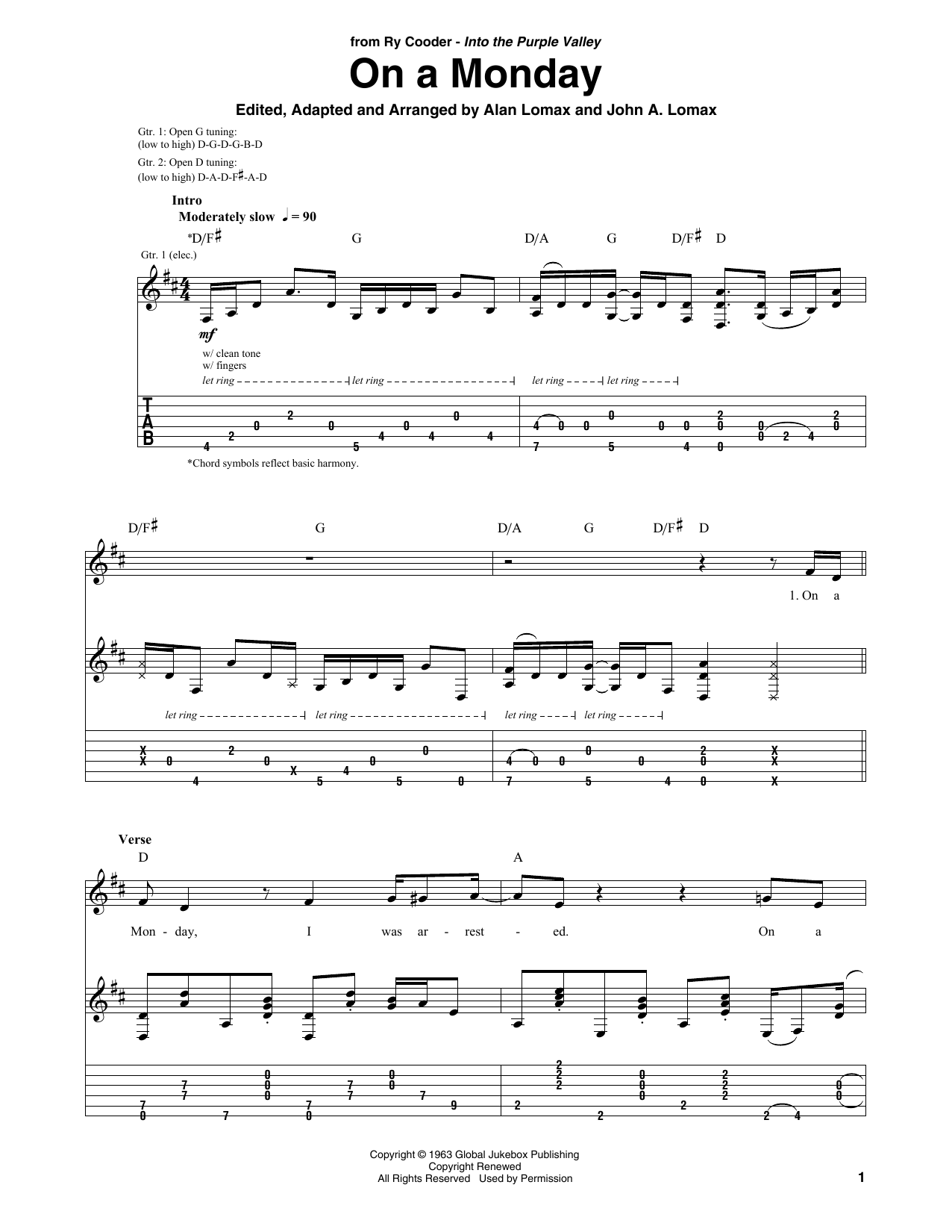 Ry Cooder On A Monday Sheet Music Notes & Chords for Solo Guitar Tab - Download or Print PDF