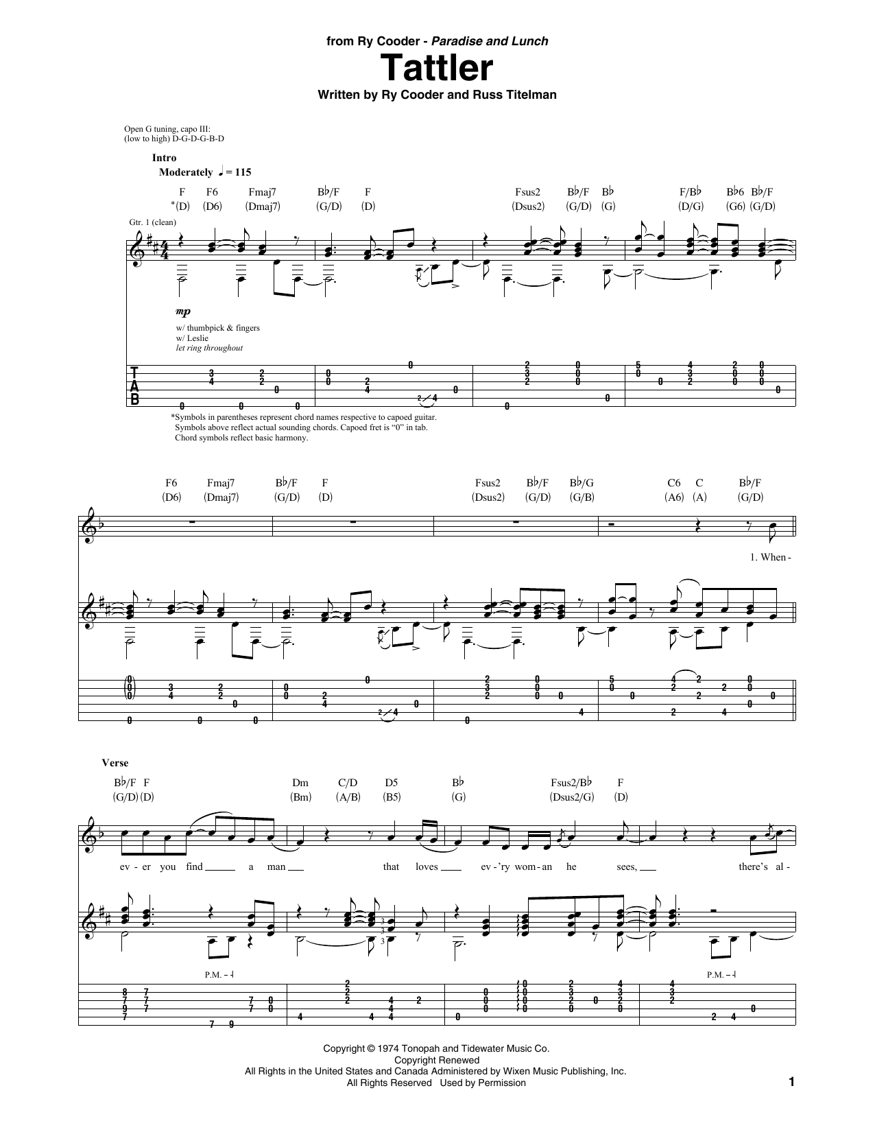 Ry Cooder Tattler Sheet Music Notes & Chords for Guitar Tab - Download or Print PDF