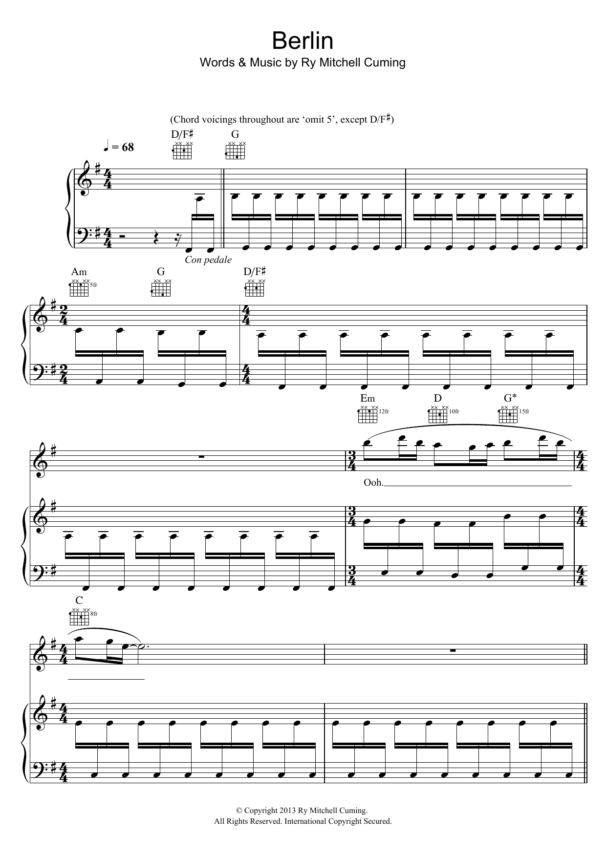 RY X Berlin Sheet Music Notes & Chords for Piano, Vocal & Guitar (Right-Hand Melody) - Download or Print PDF