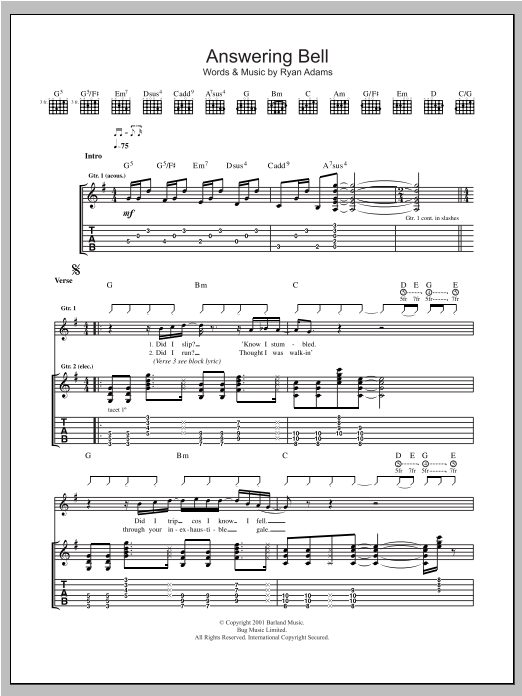 Ryan Adams Answering Bell Sheet Music Notes & Chords for Guitar Tab - Download or Print PDF