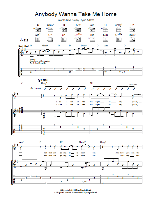 Ryan Adams Anybody Wanna Take Me Home Sheet Music Notes & Chords for Guitar Tab - Download or Print PDF