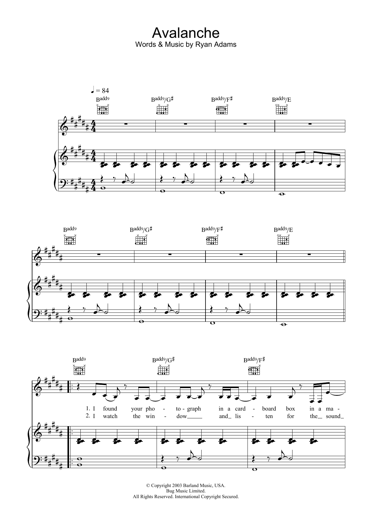 Ryan Adams Avalanche Sheet Music Notes & Chords for Piano, Vocal & Guitar - Download or Print PDF