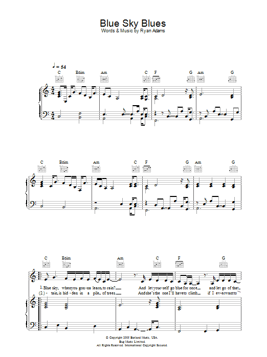 Ryan Adams Blue Sky Blues Sheet Music Notes & Chords for Piano, Vocal & Guitar - Download or Print PDF