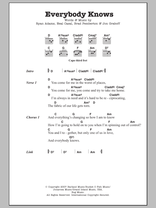 Ryan Adams Everybody Knows Sheet Music Notes & Chords for Lyrics & Chords - Download or Print PDF