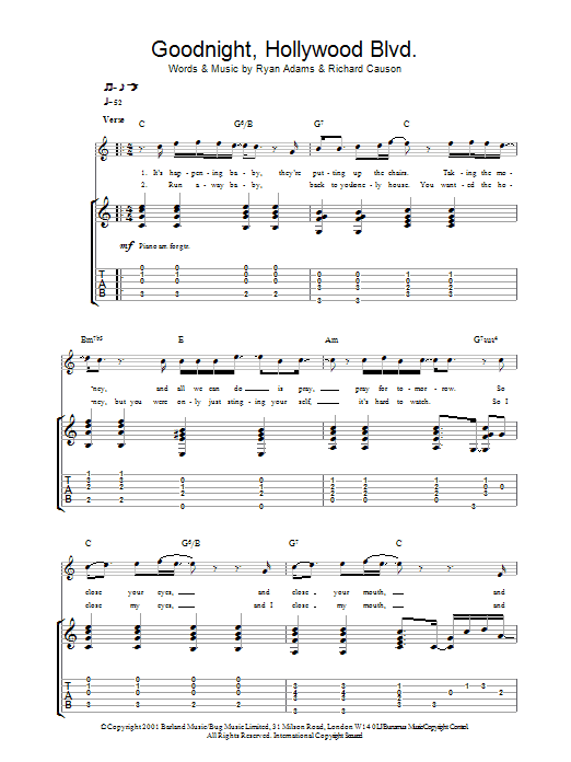 Ryan Adams Goodnight, Hollywood Blvd Sheet Music Notes & Chords for Guitar Tab - Download or Print PDF