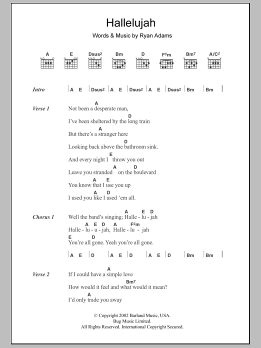 Ryan Adams Hallelujah Sheet Music Notes & Chords for Lyrics & Chords - Download or Print PDF