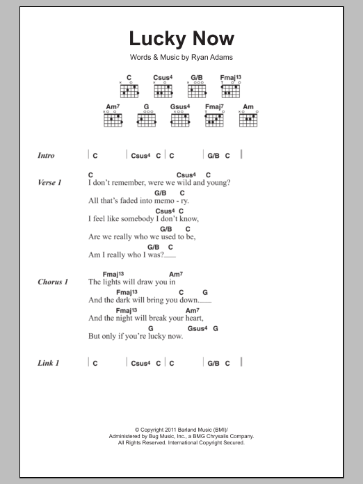 Ryan Adams Lucky Now Sheet Music Notes & Chords for Lyrics & Chords - Download or Print PDF