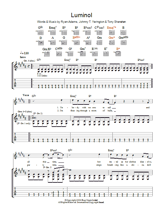 Ryan Adams Luminol Sheet Music Notes & Chords for Guitar Tab - Download or Print PDF