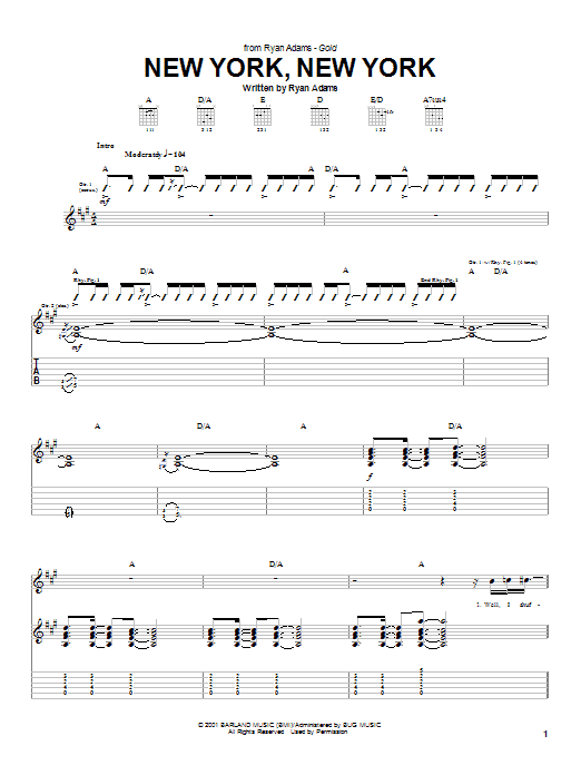 Ryan Adams New York, New York Sheet Music Notes & Chords for Piano, Vocal & Guitar (Right-Hand Melody) - Download or Print PDF