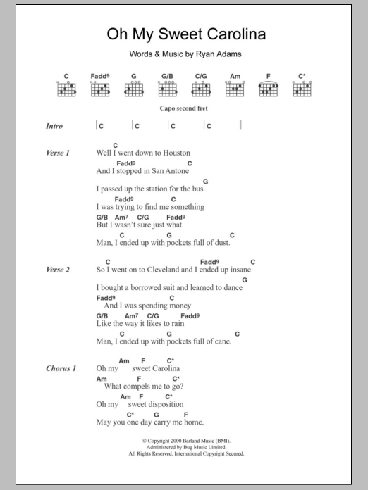 Ryan Adams Oh My Sweet Carolina Sheet Music Notes & Chords for Lyrics & Chords - Download or Print PDF