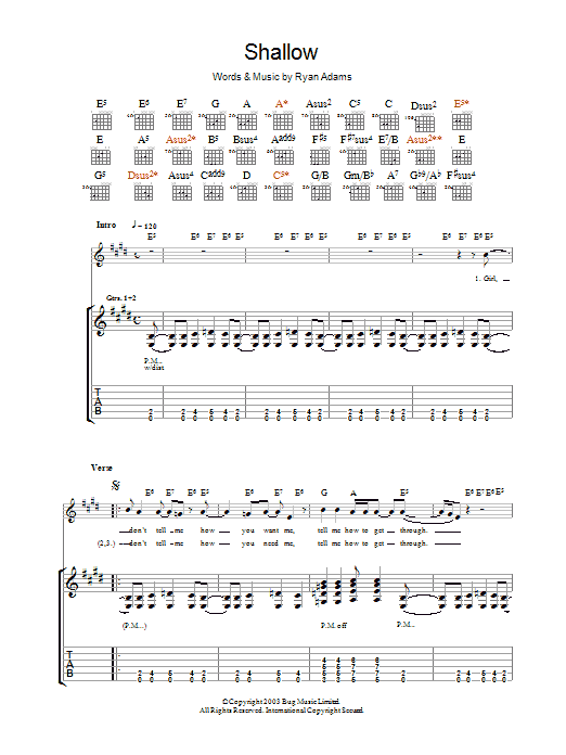Ryan Adams Shallow Sheet Music Notes & Chords for Guitar Tab - Download or Print PDF