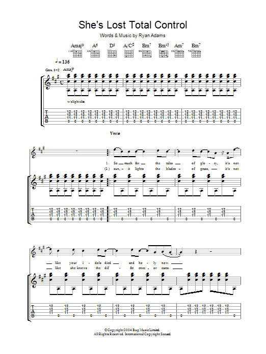 Ryan Adams She's Lost Total Control Sheet Music Notes & Chords for Guitar Tab - Download or Print PDF