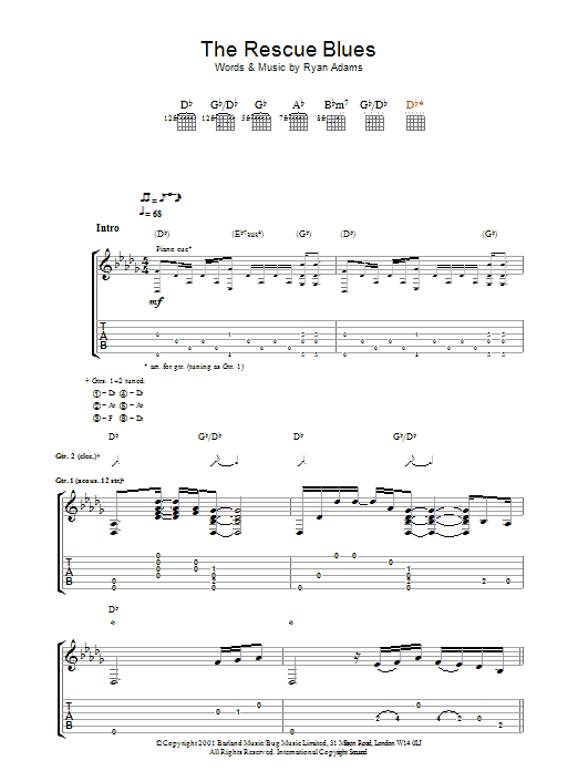 Ryan Adams The Rescue Blues Sheet Music Notes & Chords for Guitar Tab - Download or Print PDF