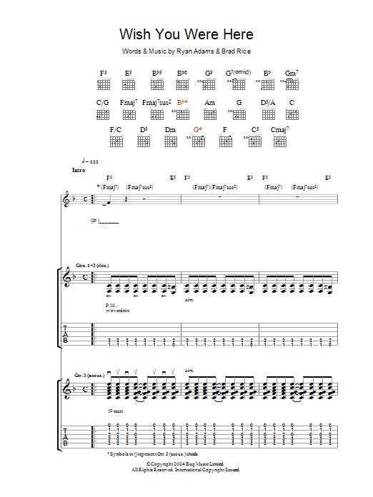Ryan Adams Wish You Were Here Sheet Music Notes & Chords for Guitar Tab - Download or Print PDF