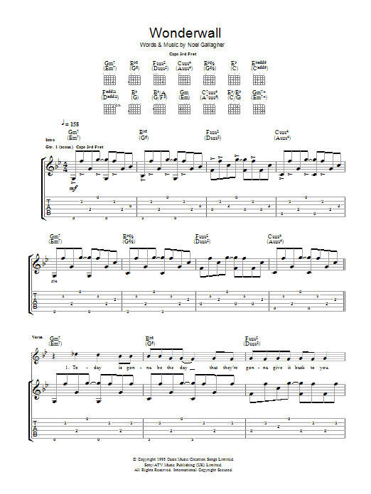 Ryan Adams Wonderwall Sheet Music Notes & Chords for Guitar Tab - Download or Print PDF