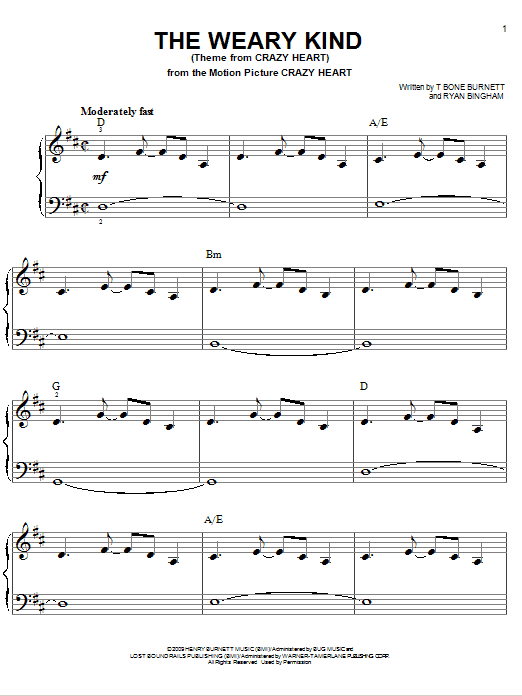 Ryan Bingham The Weary Kind Sheet Music Notes & Chords for Easy Piano - Download or Print PDF