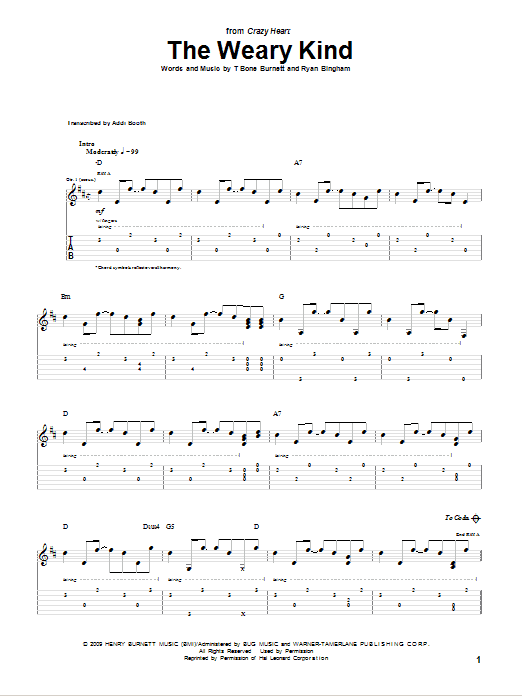 Ryan Bingham The Weary Kind (Theme From Crazy Heart) Sheet Music Notes & Chords for Guitar Tab - Download or Print PDF