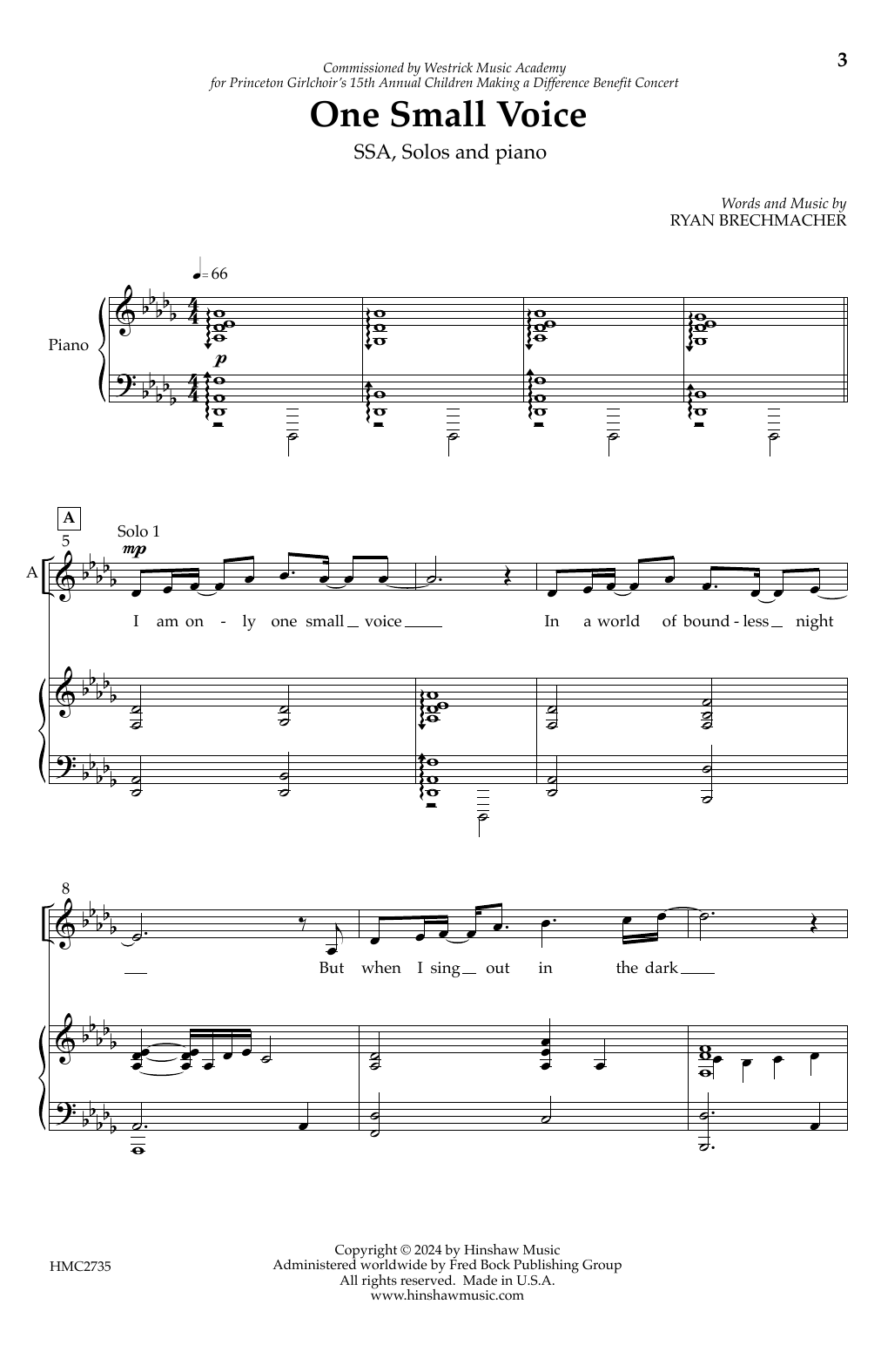 Ryan Brechmacher One Small Voice Sheet Music Notes & Chords for SSA Choir - Download or Print PDF