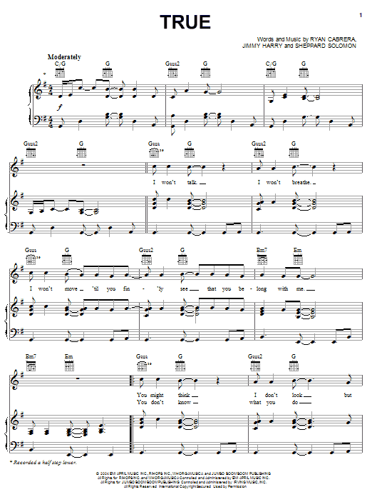 Ryan Cabrera True Sheet Music Notes & Chords for Easy Guitar Tab - Download or Print PDF