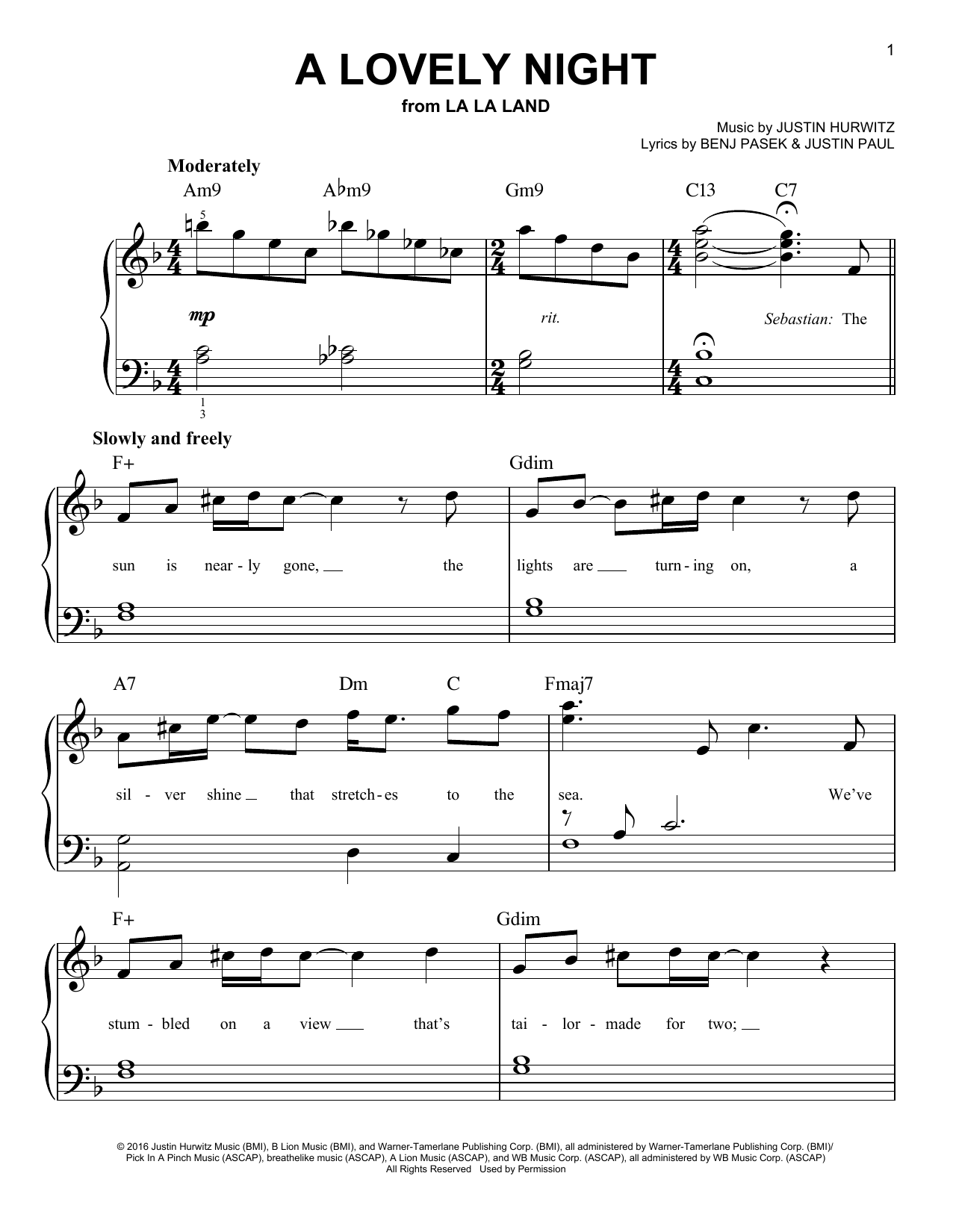Ryan Gosling & Emma Stone A Lovely Night (from La La Land) Sheet Music Notes & Chords for Piano Solo - Download or Print PDF
