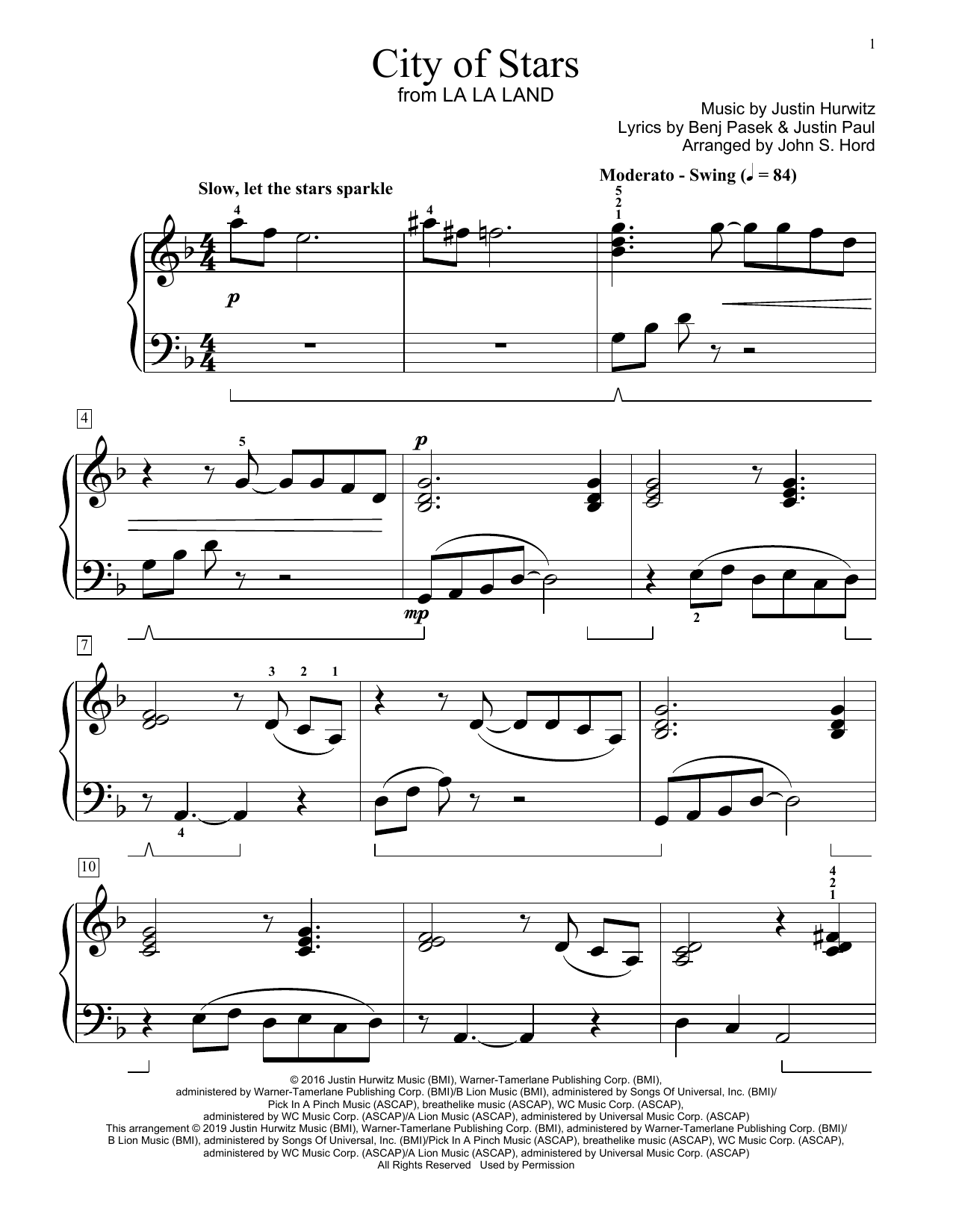 Ryan Gosling & Emma Stone City Of Stars (from La La Land) (arr. John S. Hord) Sheet Music Notes & Chords for Educational Piano - Download or Print PDF