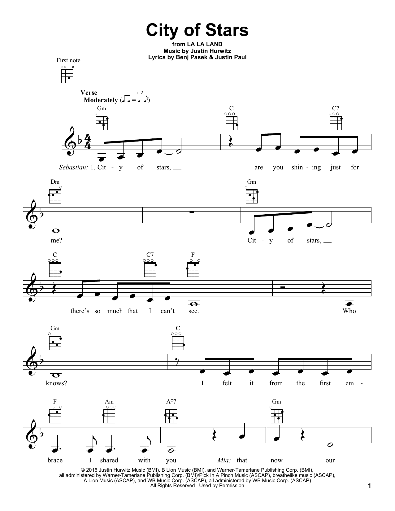 Ryan Gosling & Emma Stone City Of Stars (from La La Land) Sheet Music Notes & Chords for Ukulele - Download or Print PDF