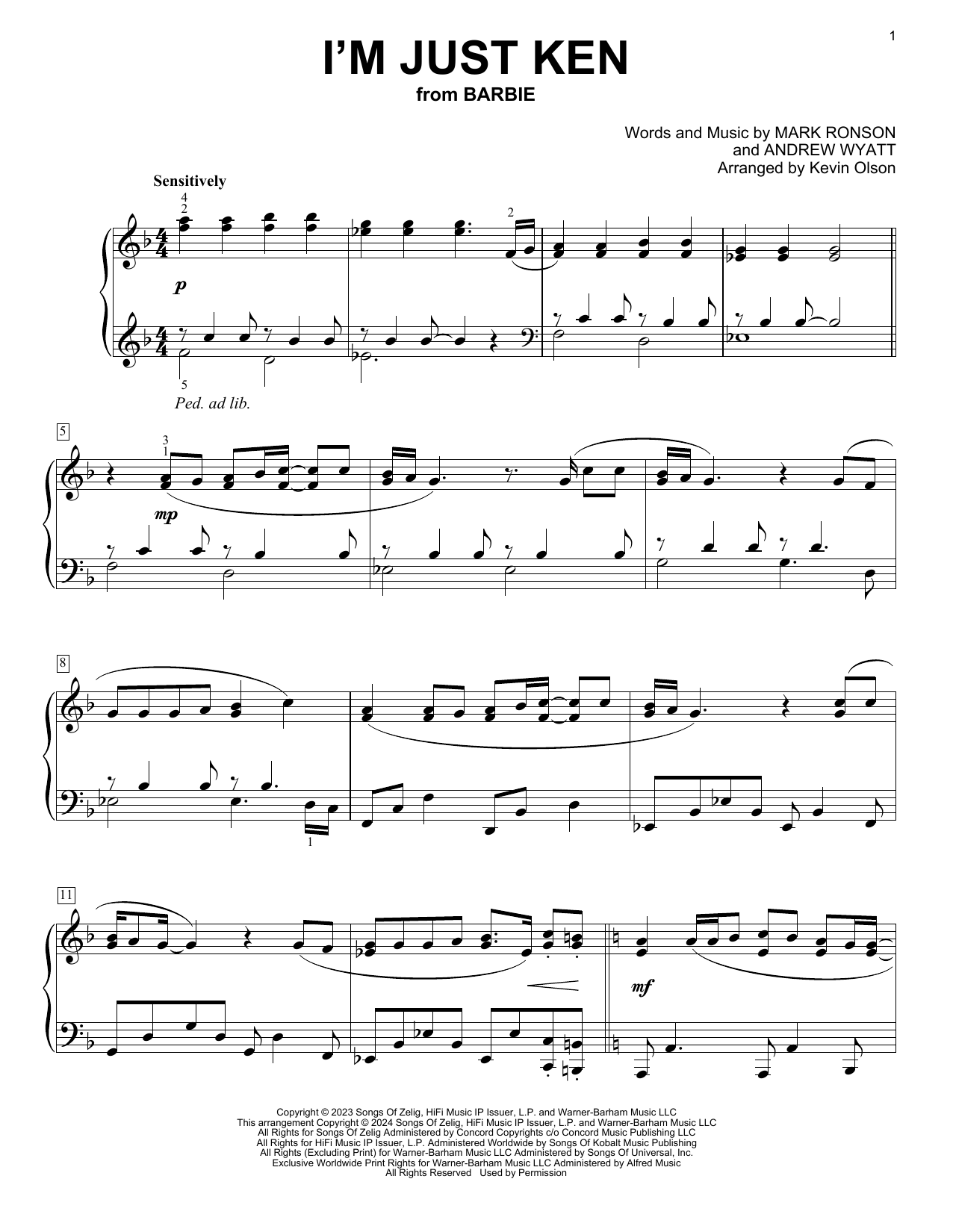 Ryan Gosling I'm Just Ken (from Barbie) (arr. Kevin Olson) Sheet Music Notes & Chords for Easy Piano Solo - Download or Print PDF