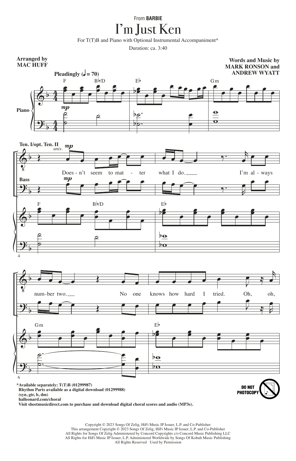 Ryan Gosling I'm Just Ken (from Barbie) (arr. Mac Huff) Sheet Music Notes & Chords for TTB Choir - Download or Print PDF