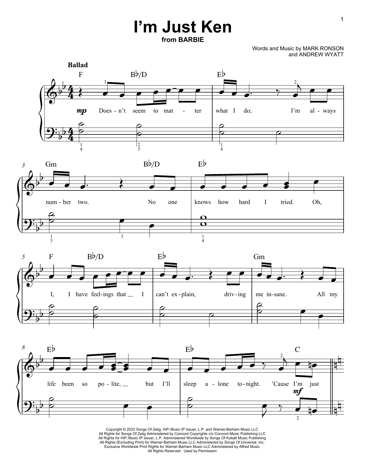 Ryan Gosling I'm Just Ken (from Barbie) (Full version) Sheet Music Notes & Chords for Easy Piano - Download or Print PDF