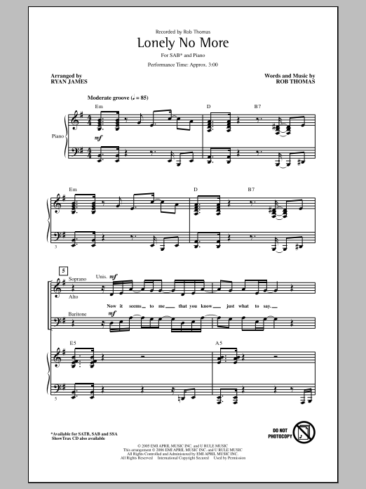 Rob Thomas Lonely No More (arr. Ryan James) Sheet Music Notes & Chords for SAB - Download or Print PDF
