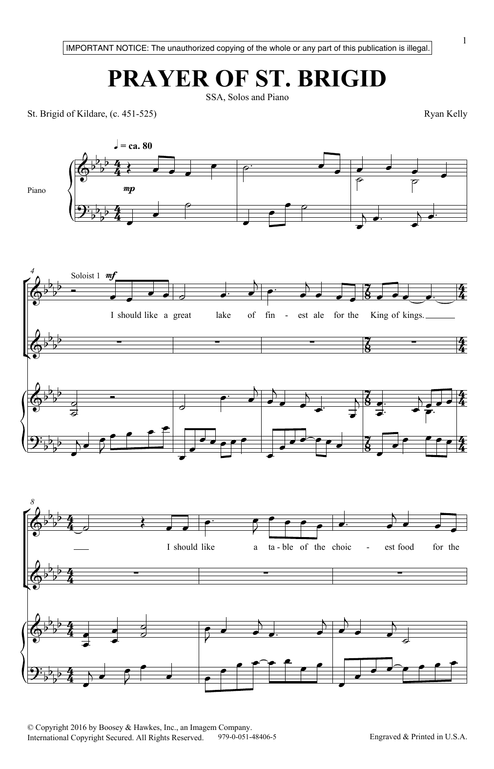 Ryan Kelly Prayer Of St. Brigid Sheet Music Notes & Chords for SSA - Download or Print PDF