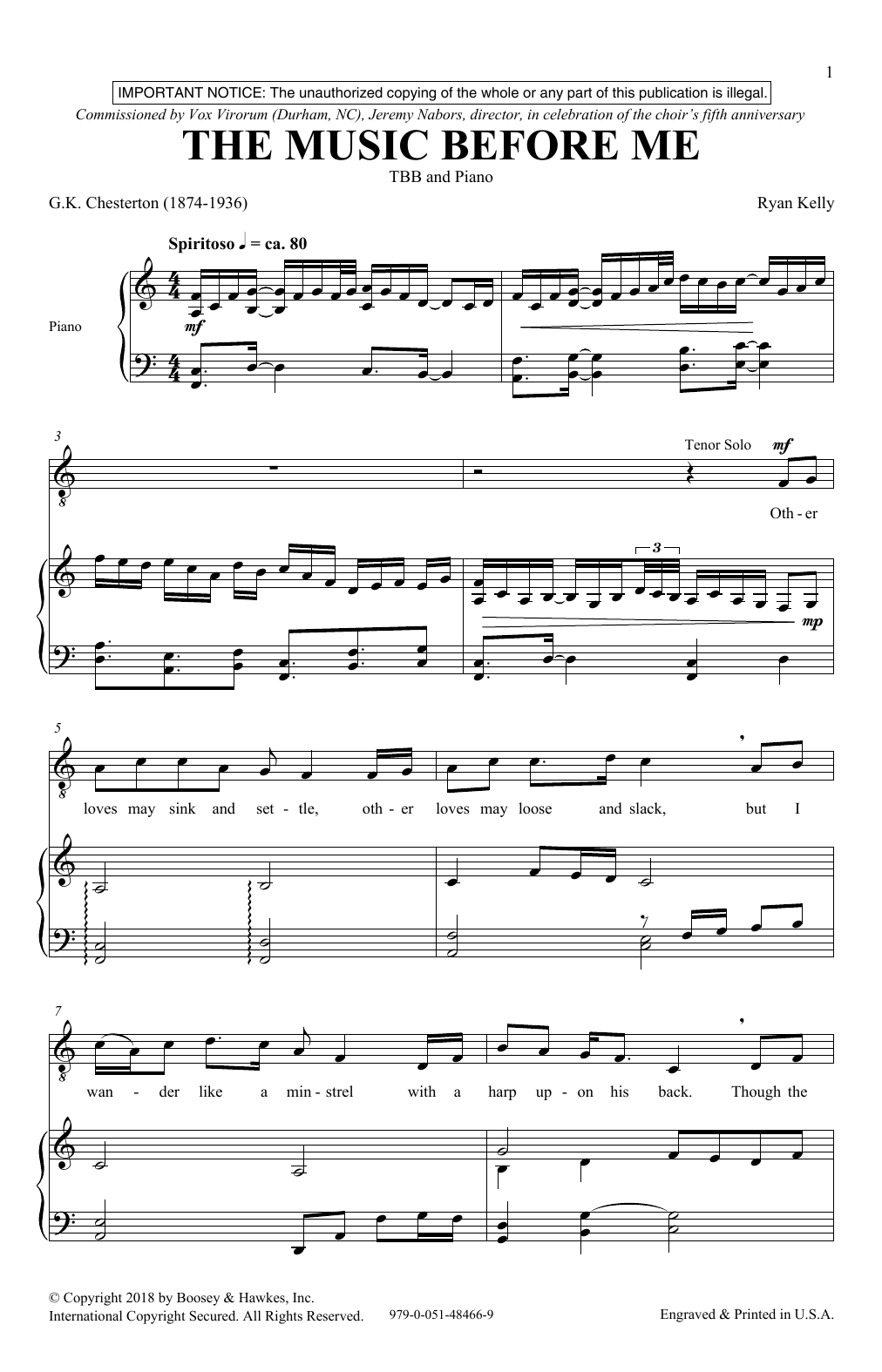 Ryan Kelly The Music Before Me Sheet Music Notes & Chords for TBB Choir - Download or Print PDF